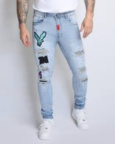 Distressed Blue Ripped Jeans with Exquisite Embroidery