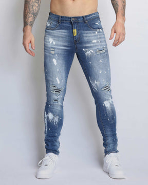 Irregular Paint Blue Ripped Jeans in Medium Wash