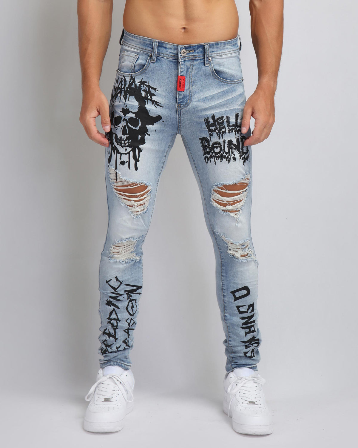 Large Ripped Blue Jeans with Skull Design