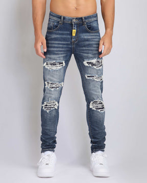 Medium Wash Ripped Blue Jeans with Cashew Flower Patch