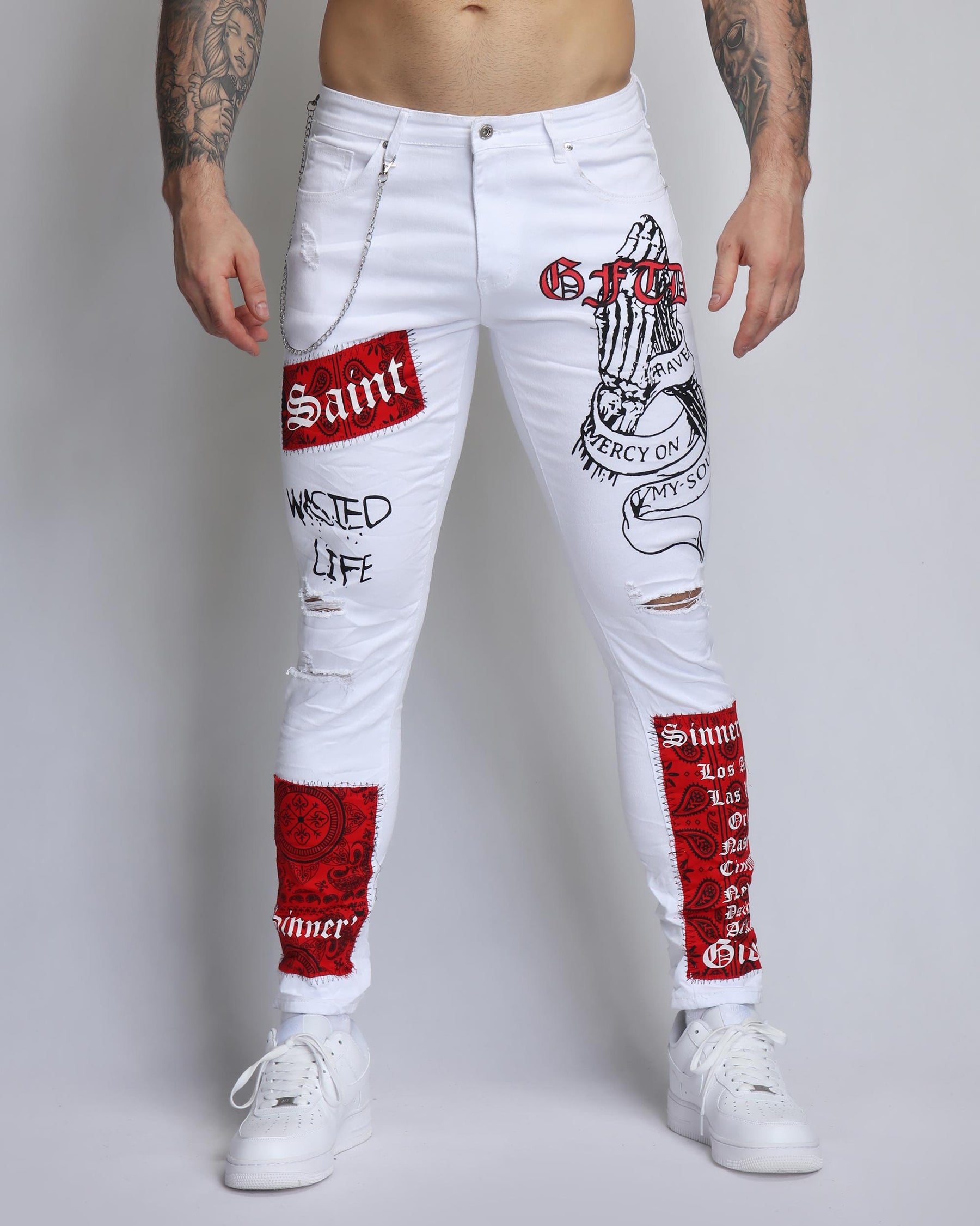 Graffiti Ripped White Jeans with Red Patches and Cashew Flower Elements