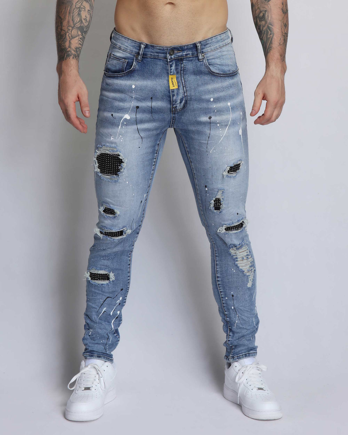 Durable Ripped Blue Jeans with Dimond Patch