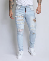 Pink Cashew Blossom Patch Blue Ripped Jeans with Light Wash