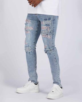 Light Wash Blue Rip & Repair Jeans with Embroidered