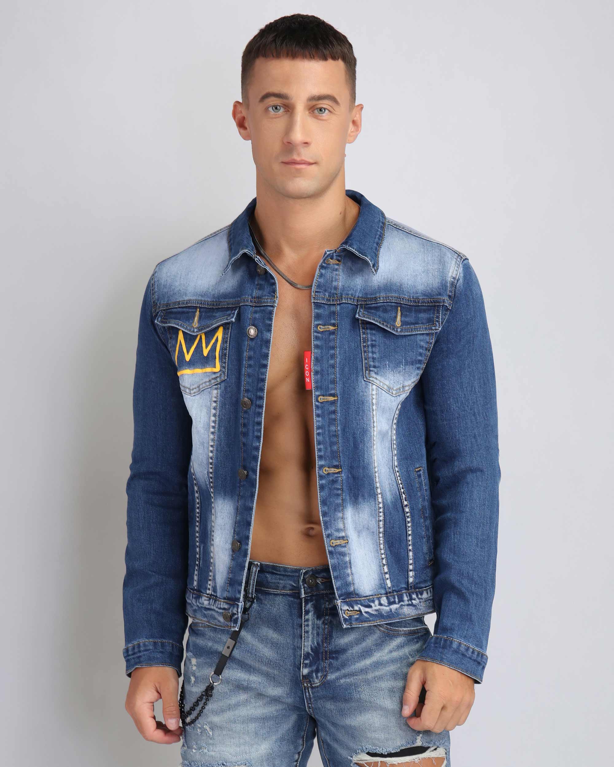 Men's Irregular Wash Blue Denim Jacket with Embroidery | LOGEQI