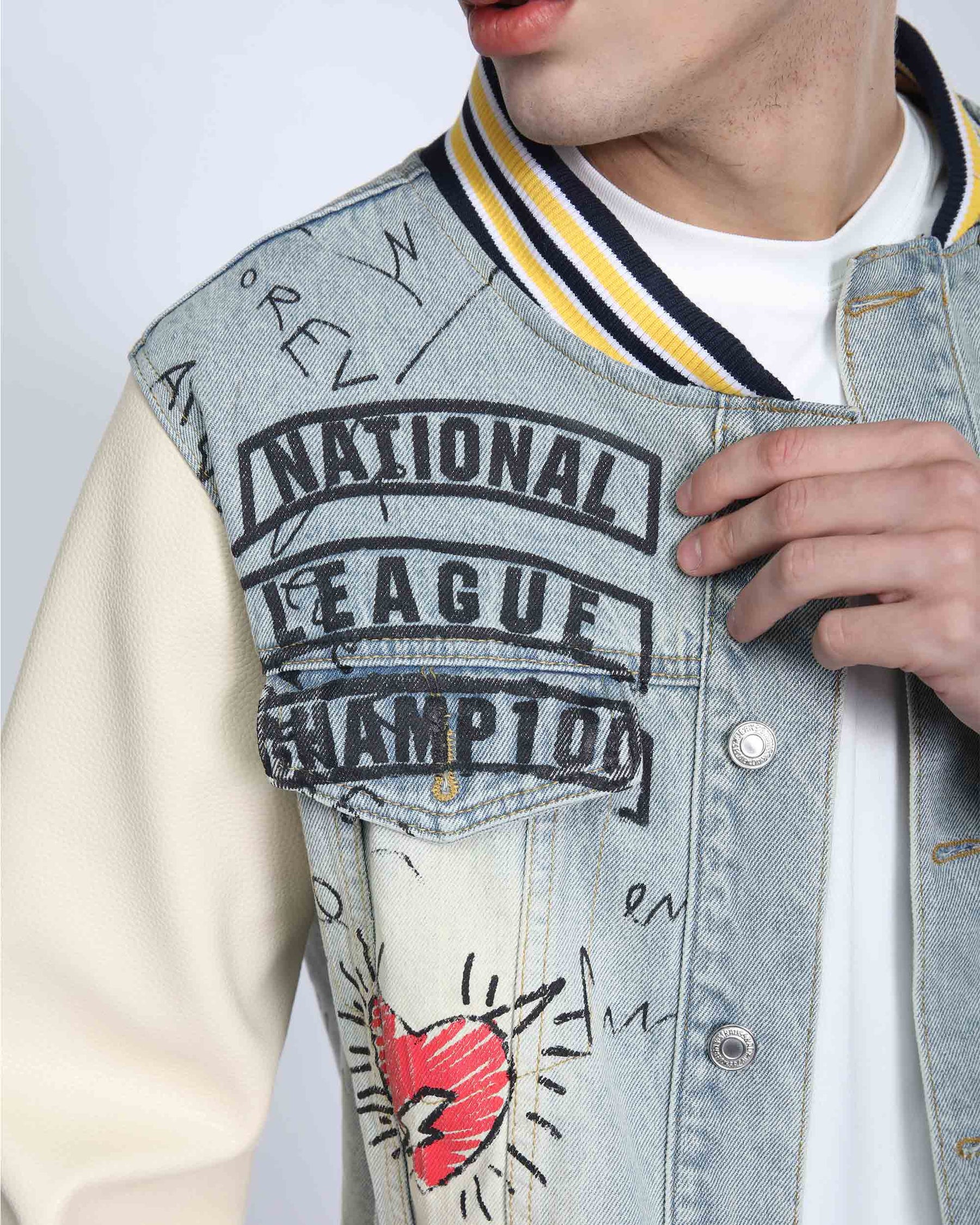 Retro Baseball Denim Jacket with Distressed Details