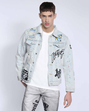 Distressed Graffiti Blue Denim Jacket with Rip & Repair