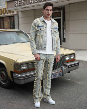 Vintage Blue Denim Jacket with Ripped Stitching