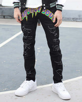 Black Graffiti Letters Ripped Slim-fit Jeans