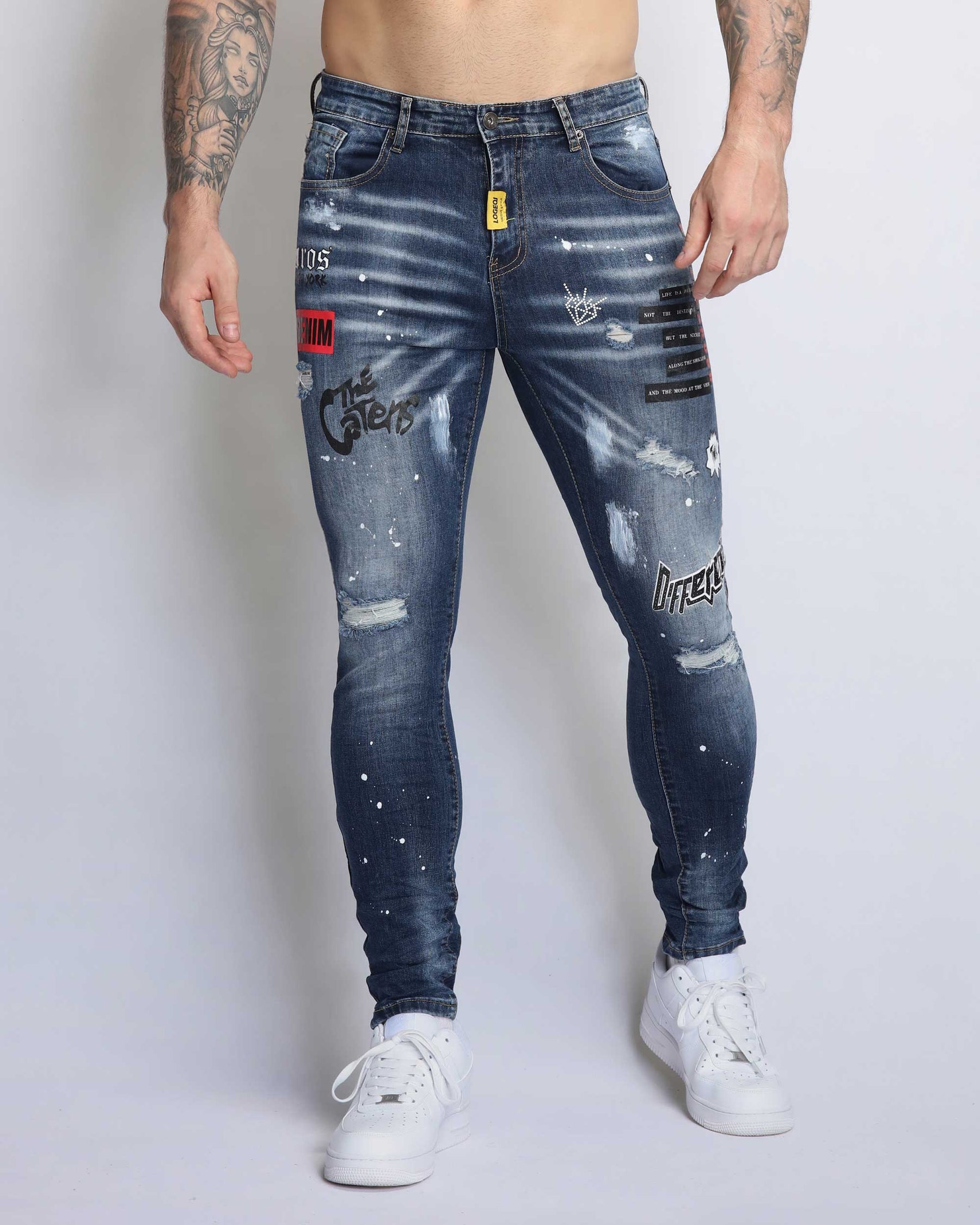 Dark Blue Ripped Jeans with Graffiti Printing