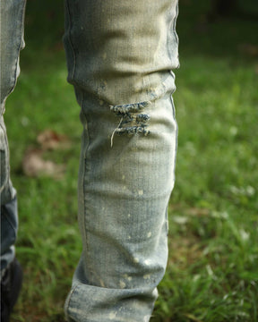 Distressed Blue Ripped Jeans with spray-painted-Mexico Local Delivery