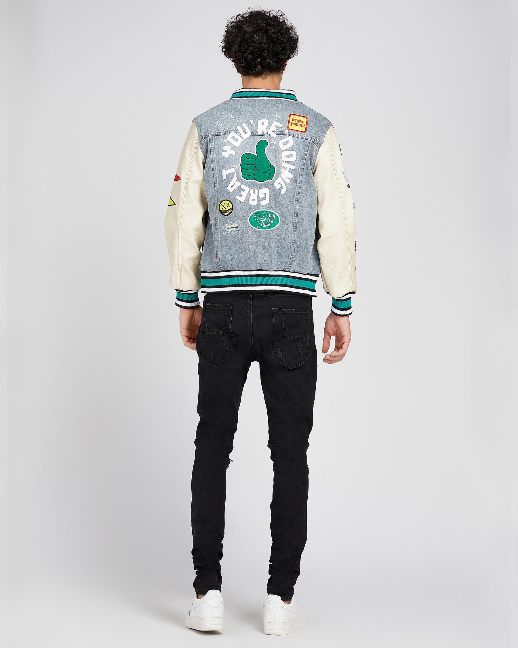 Cartoon Baseball Denim Jacket with Ripped & Repaired