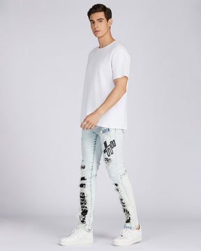 Distressed Blue Jeans with Faded Spray Painted Design