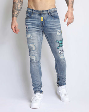 Light Wash Ripped BlueJeans with Skull Embroidered