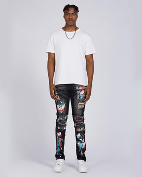 Slim Fit Rip & Repair Black Jeans with Cartoon Painted