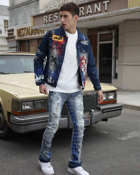 Blue Denim Jacket with Street Graffiti and Ripped