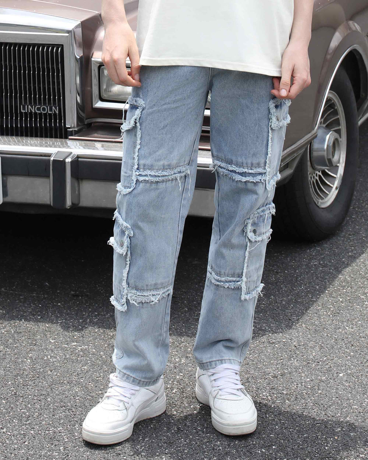 Logeqi Street Style Men's Fringed Edge Blue Jeans with Fringed Detailing