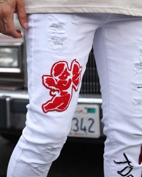 Graffiti Style White Embroidered Ripped Jeans