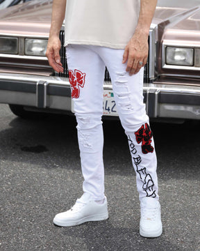 Graffiti Style White Embroidered Ripped Jeans