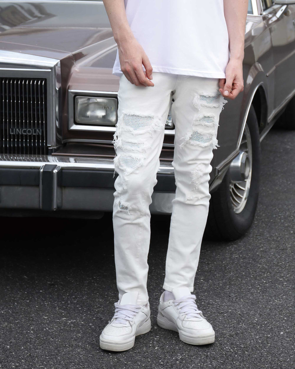 Hip-Hop Fringe White Ripped Jeans with Diamond Patch-Mexico Local Delivery