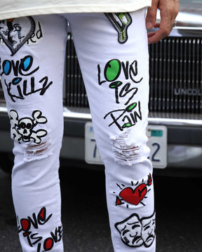 White Ripped Jeans with Colorful Graffiti