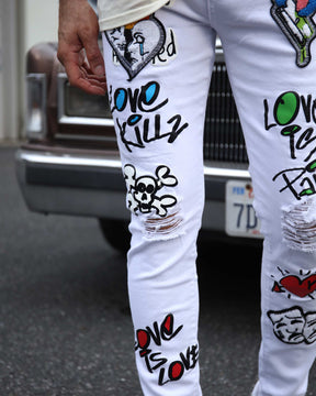 White Ripped Jeans with Colorful Graffiti