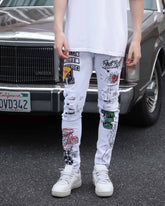 White Ripped Jeans with Colorful Graffiti and Embroidery-Mexico Local Delivery