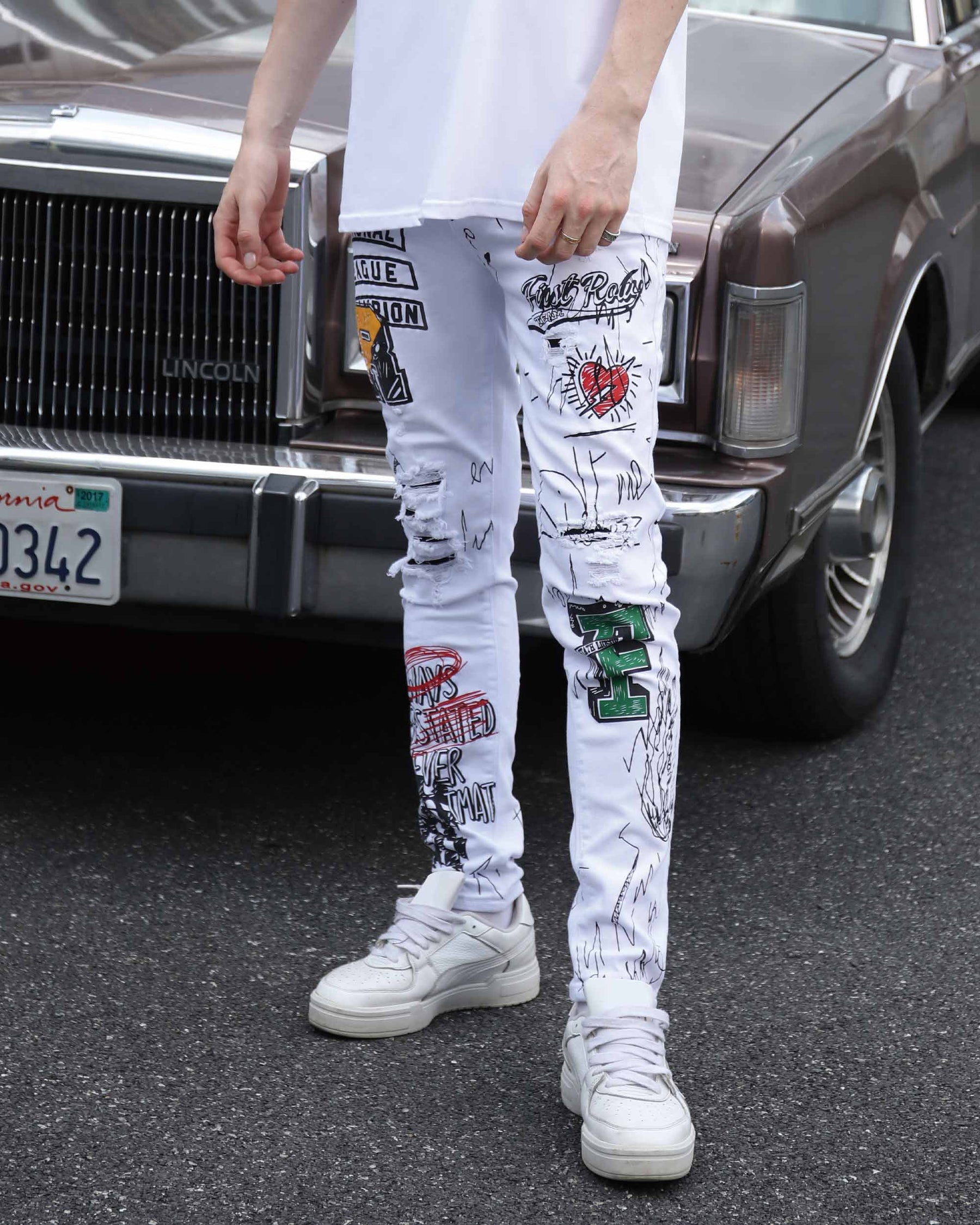 White Ripped Jeans with Colorful Graffiti and Embroidery-Mexico Local Delivery