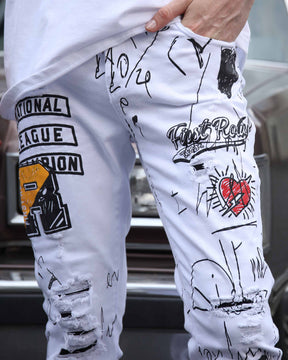 White Ripped Jeans with Colorful Graffiti and Embroidery-Mexico Local Delivery