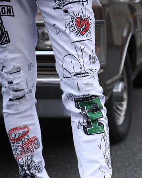 White Ripped Jeans with Colorful Graffiti and Embroidery-Mexico Local Delivery