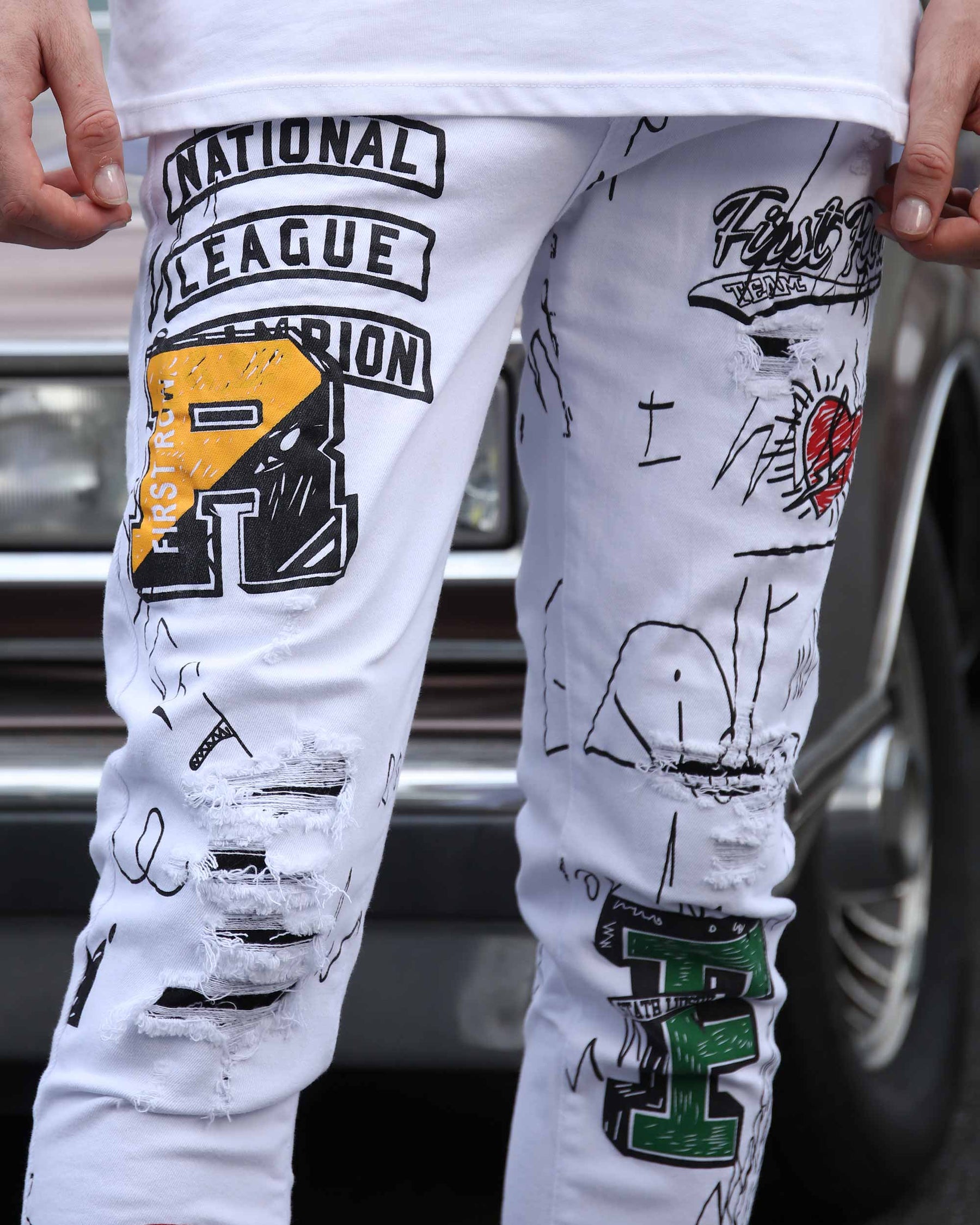 White Ripped Jeans with Colorful Graffiti and Embroidery-Mexico Local Delivery