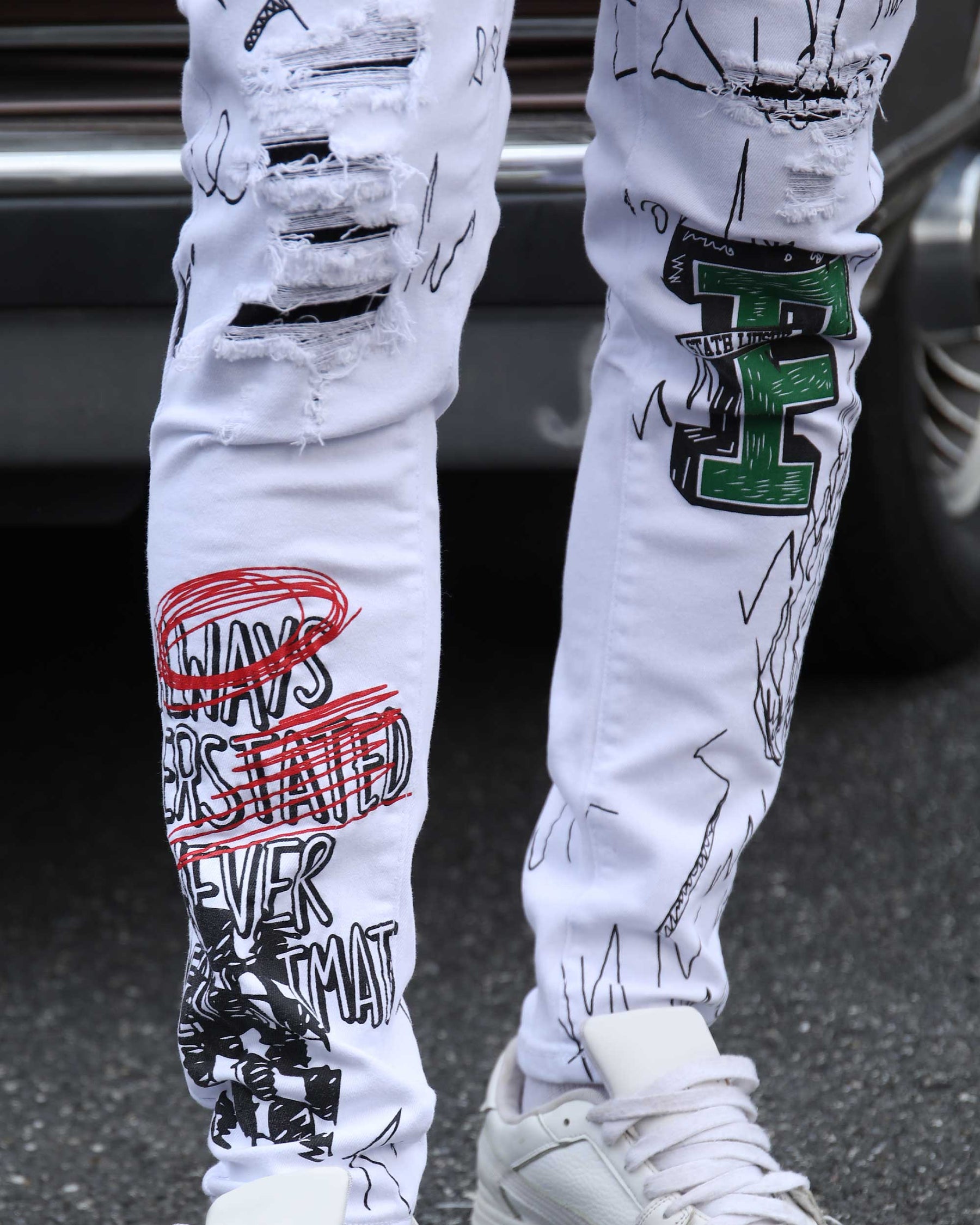 White Ripped Jeans with Colorful Graffiti and Embroidery-Mexico Local Delivery