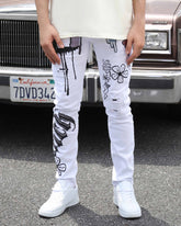 Streetwear White Ripped Jeans with Colorful Graffiti-Mexico Local Delivery