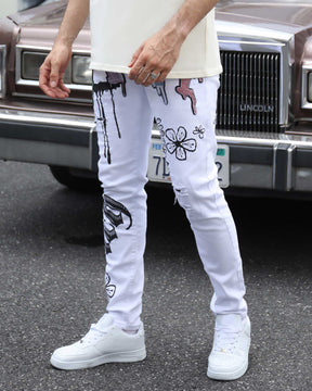 Streetwear White Ripped Jeans with Colorful Graffiti-Mexico Local Delivery