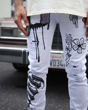 Streetwear White Ripped Jeans with Colorful Graffiti-Mexico Local Delivery