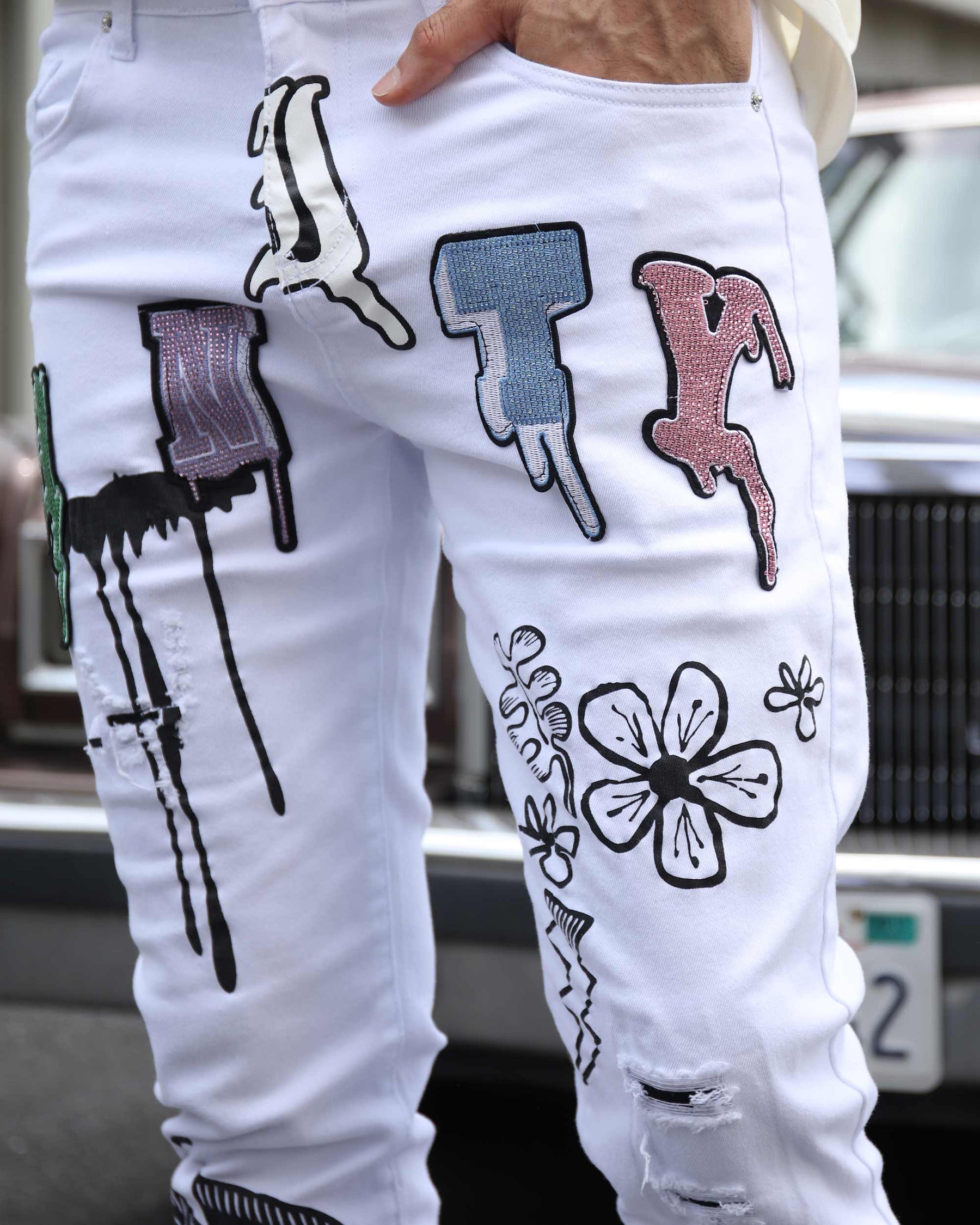 Streetwear White Ripped Jeans with Colorful Graffiti-Mexico Local Delivery