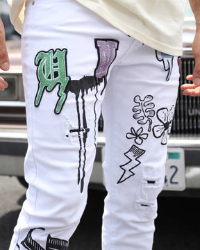 Streetwear White Ripped Jeans with Colorful Graffiti-Mexico Local Delivery