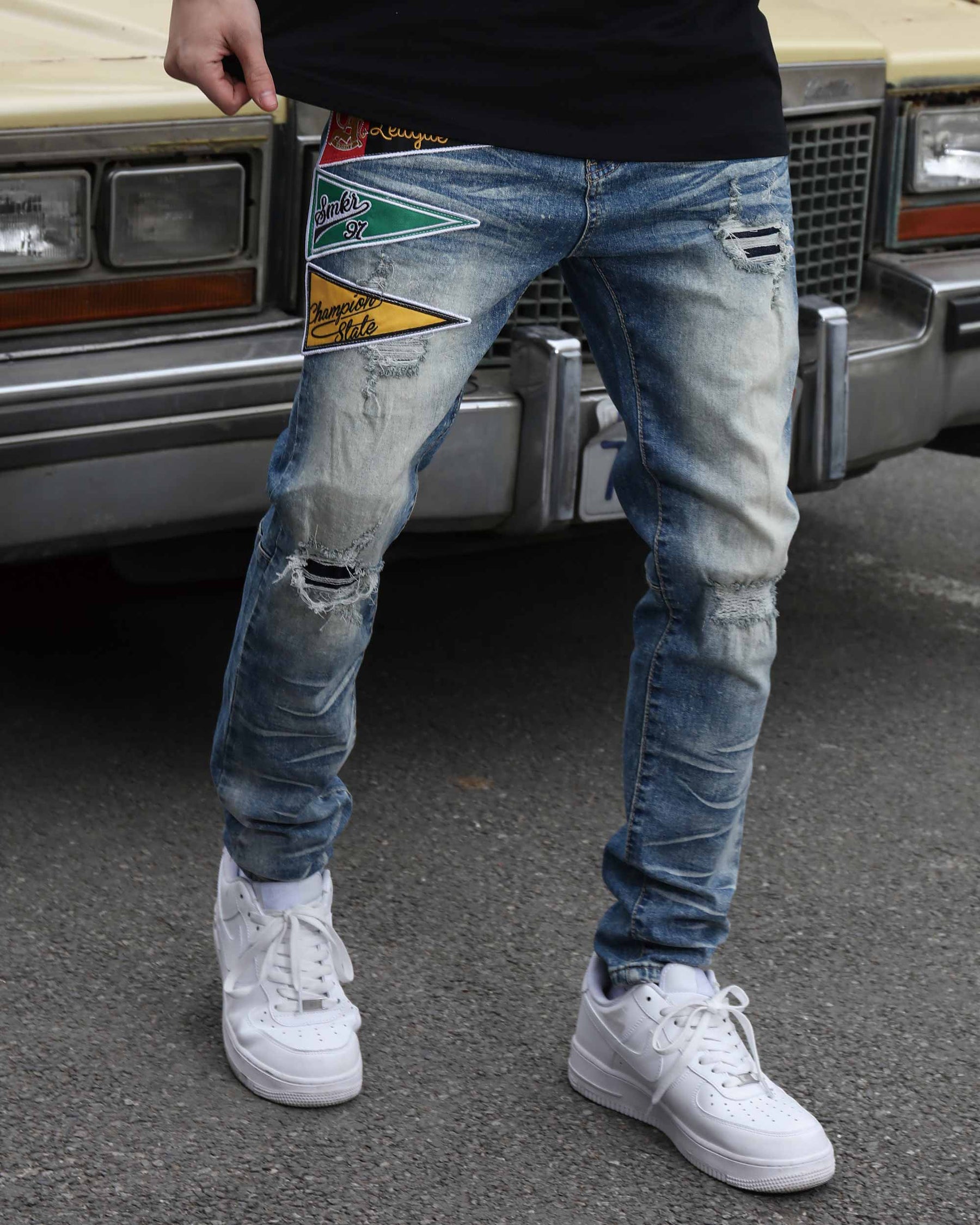 Medium Wash Blue Distressed Jeans with Flag Patch