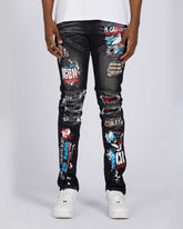 Slim Fit Rip & Repair Black Jeans with Cartoon Painted