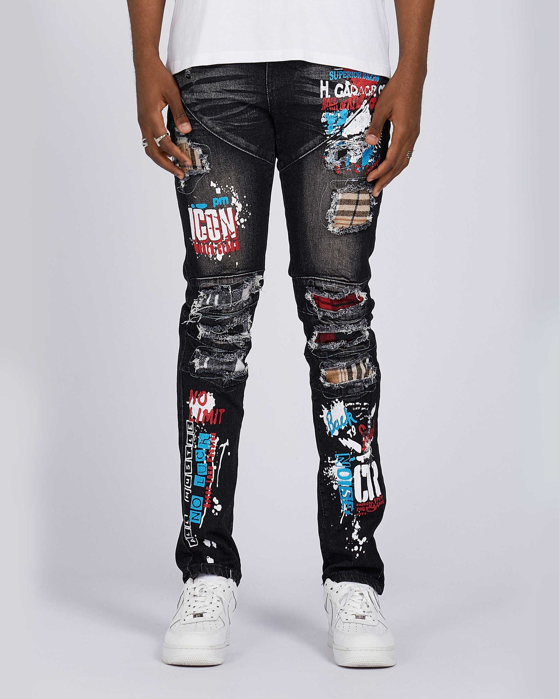 Slim Fit Rip & Repair Black Jeans with Cartoon Painted