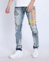 Light Wash Irregular Ripped Blue Jeans with Color Print