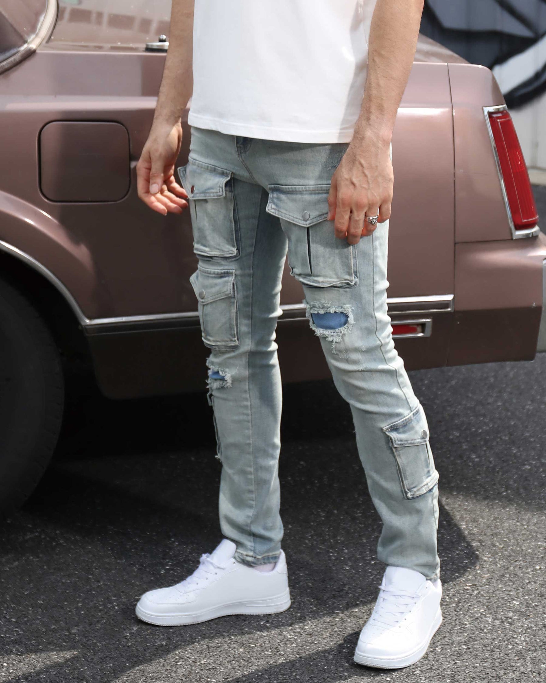 LOGEQI Distressed Blue Cargo Ripped Jeans with Multiple Pockets