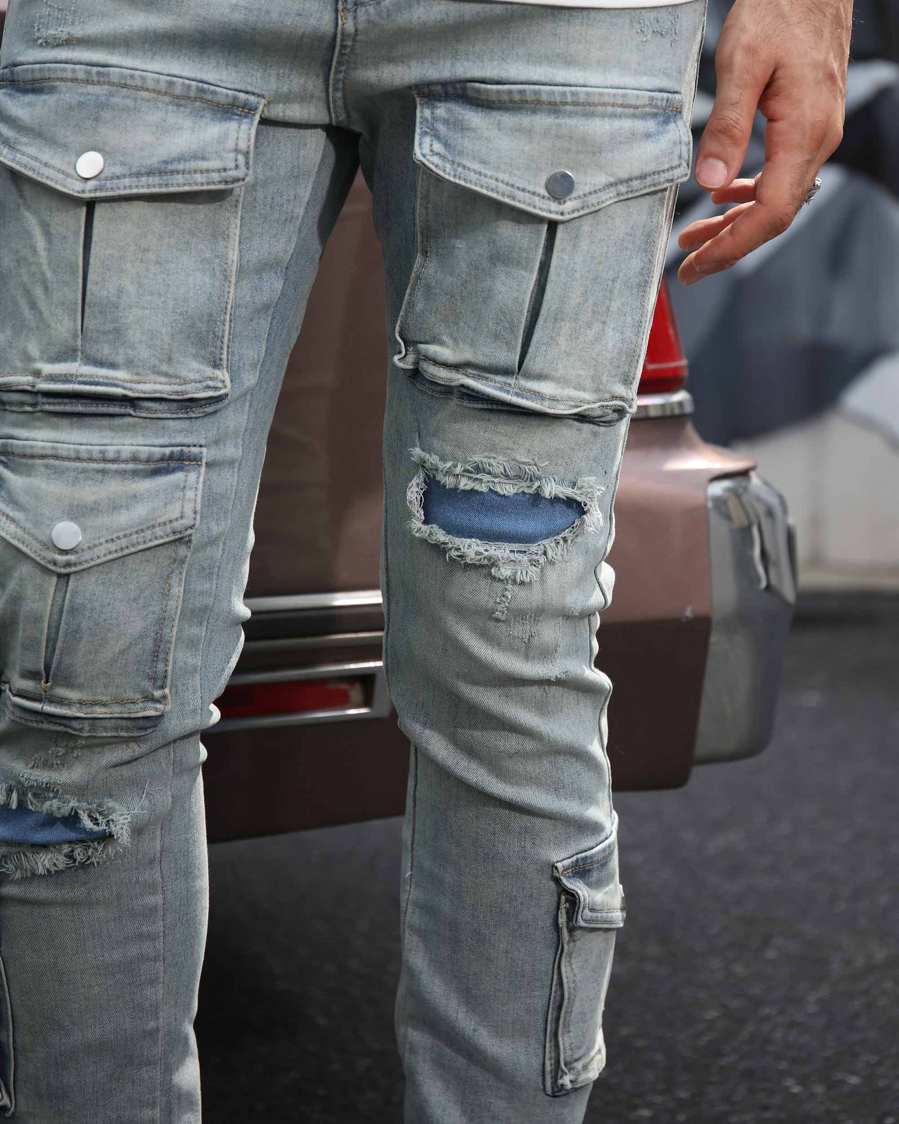 LOGEQI Distressed Blue Cargo Ripped Jeans with Multiple Pockets