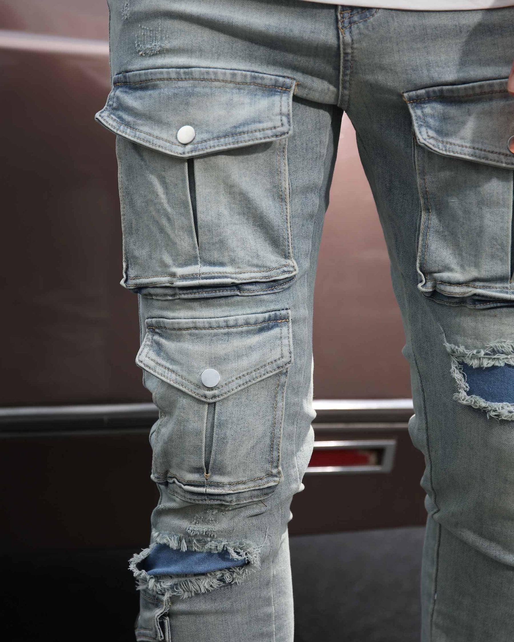 LOGEQI Distressed Blue Cargo Ripped Jeans with Multiple Pockets