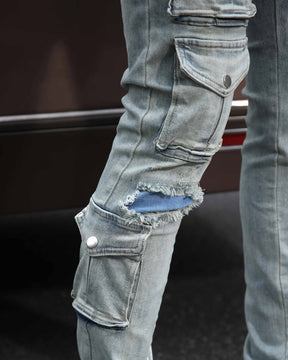 LOGEQI Distressed Blue Cargo Ripped Jeans with Multiple Pockets