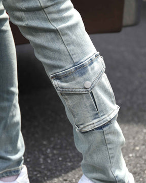 LOGEQI Distressed Blue Cargo Ripped Jeans with Multiple Pockets