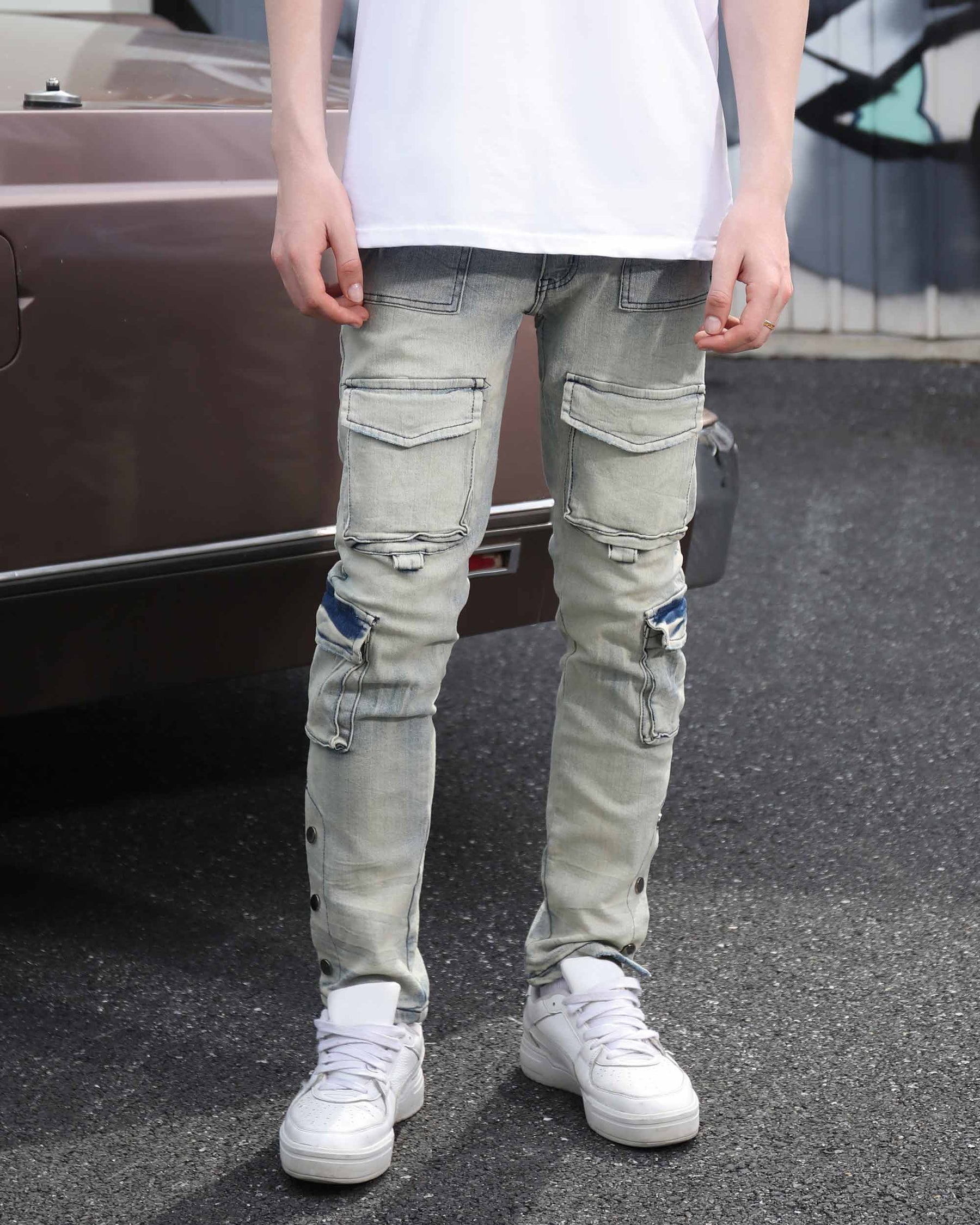 LOGEQI Distressed Straight-Leg Cargo Blue Jeans