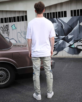 LOGEQI Distressed Straight-Leg Cargo Blue Jeans