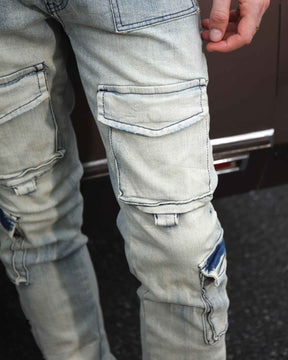 LOGEQI Distressed Straight-Leg Cargo Blue Jeans