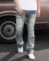 Light Wash Distressed Cargo Jeans with Zipper Pockets-Mexico Local Delivery